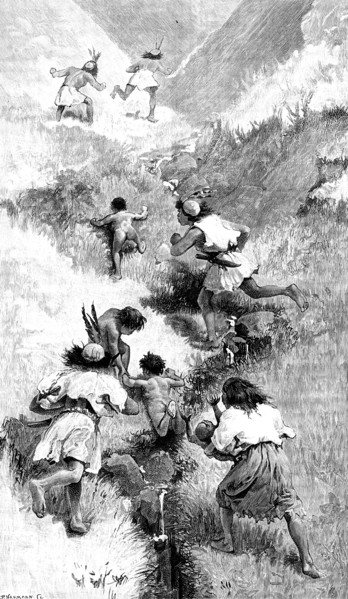 Sketches in Formosa: flight of savage chief and his tribe, 1890. Creator: P Naumann.