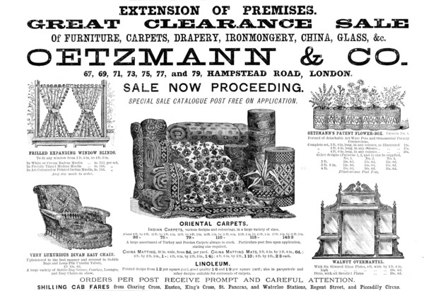 Advertisement for Oetzmann & Co. Great Clearance Sale, 1890. Creator: Unknown.