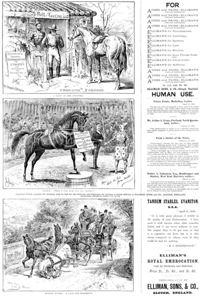 Advertisements for Elliman’s Universal Embrocation, 1890. Creator: William Stanfield Sturgess.