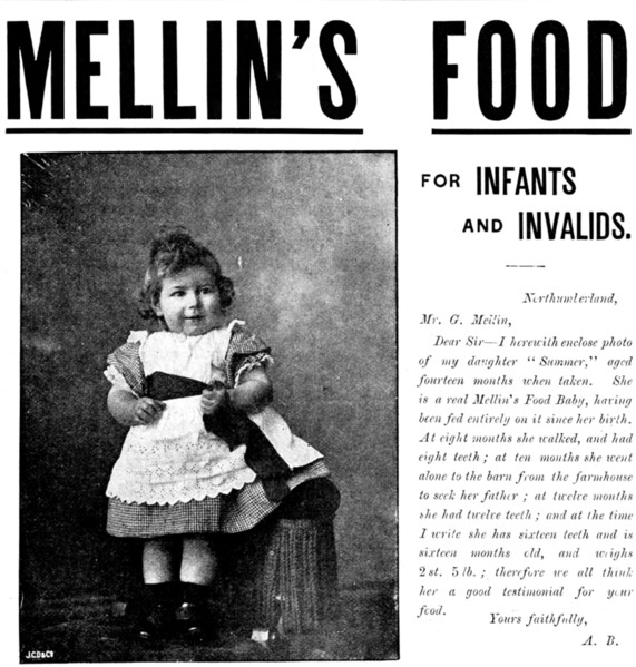 Advertisement for Mellin's Food for Infants and Invalids, 1895.  Creator: Unknown.