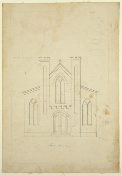 Front Elevation Drawing for St. Luke's Episcopal Church, Catskill, New York, between 1839 and 1840. Creator: Thomas Cole.