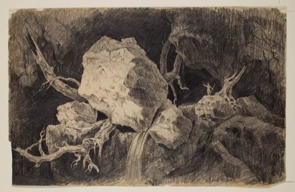 Hunter Standing in Cave near Rock and Waterfall, c1828. Creator: Thomas Cole.