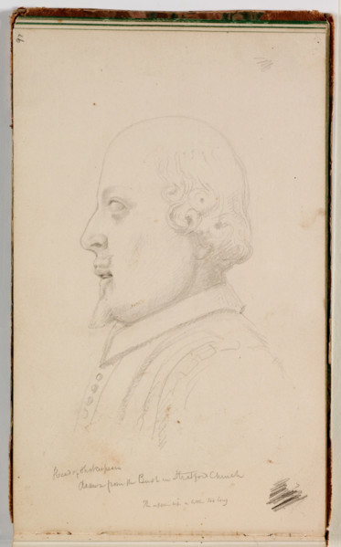 Head of Shakespeare, Drawn from the Bust in Stratford Church, Warwickshire, England, 1841. Creator: Thomas Cole.