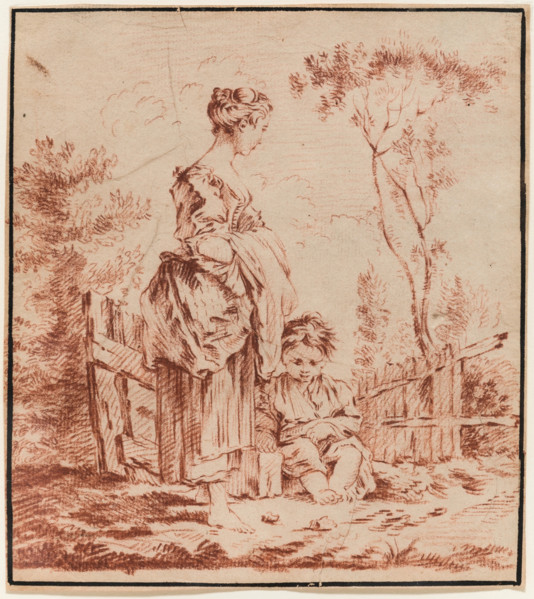 Young Woman Standing with a Seated Child, 18th century. Creator: Unknown French; After François Boucher French, 1703-1770.