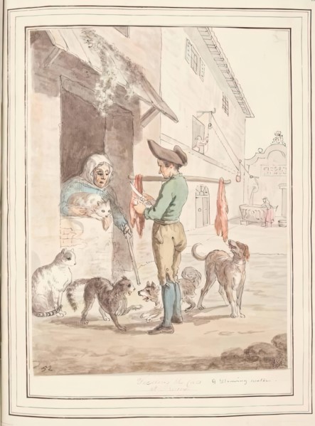 Feeding the Cats at Rome, leaf from 'A Collection of Dresses by David Allan Mostly from Nature',1776 Creator: David Allan.