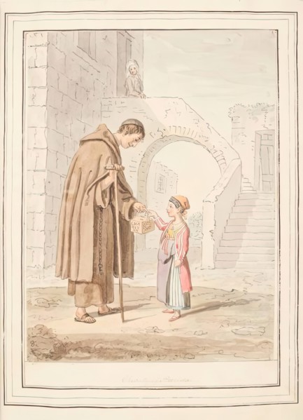 Charity of Procida, leaf from 'A Collection of Dresses by David Allan Mostly from Nature', 1776. Creator: David Allan.