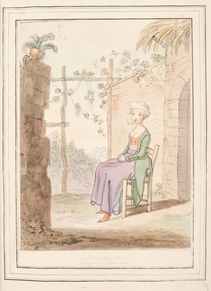 Saturdays Head Dress of Procida, leaf from 'A Collection of Dresses by David Allan..., 1776. Creator: David Allan.