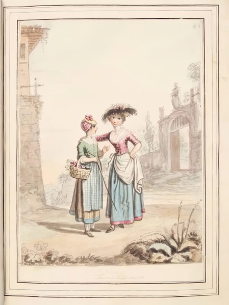Girls of Parma and Cremona, leaf from 'A Collection of Dresses by David Allan Mostly from..., 1776. Creator: David Allan.