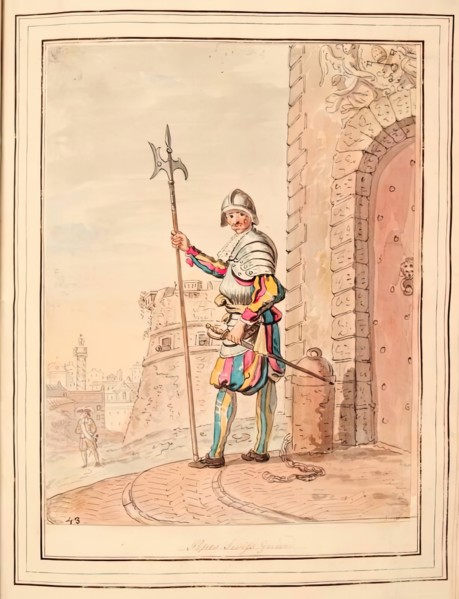 Pope's Swiss Guard, leaf from 'A Collection of Dresses by David Allan Mostly from Nature', 1776. Creator: David Allan.