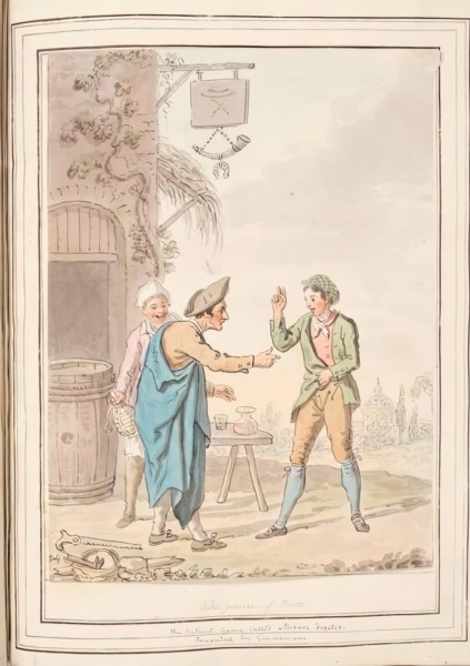 The Game of Moro, leaf from 'A Collection of Dresses by David Allan Mostly from Nature', 1776. Creator: David Allan.