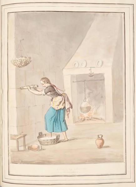 Making Butter Minorca, leaf from 'A Collection of Dresses by David Allan Mostly from Nature', 1776. Creator: David Allan.