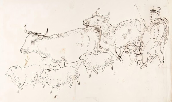 A Shepherd and His Dog Guarding a Flock of Sheep and Cows, 1825-1839. Creator: James Howe.