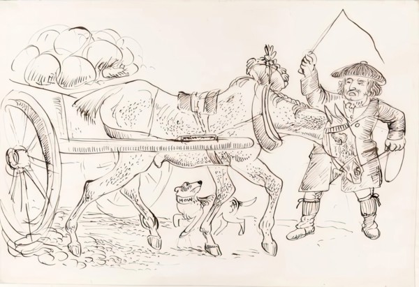 A man pulling a horse-drawn cart, 1825-1839. Creator: James Howe.