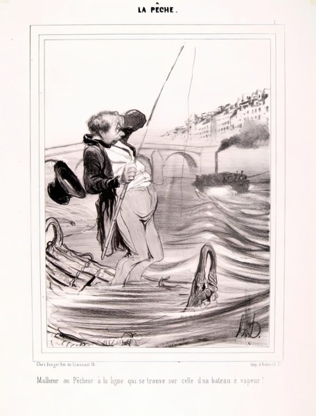 La Pêche. Malheur au Pêcheur à la ligne...1840. Creator: Honore Daumier.