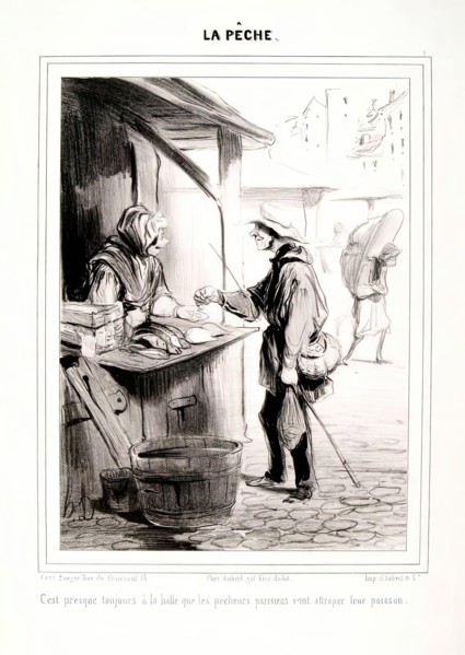 La Pêche. C'est presque toujours à la Halle.., 1840. Creator: Honore Daumier.
