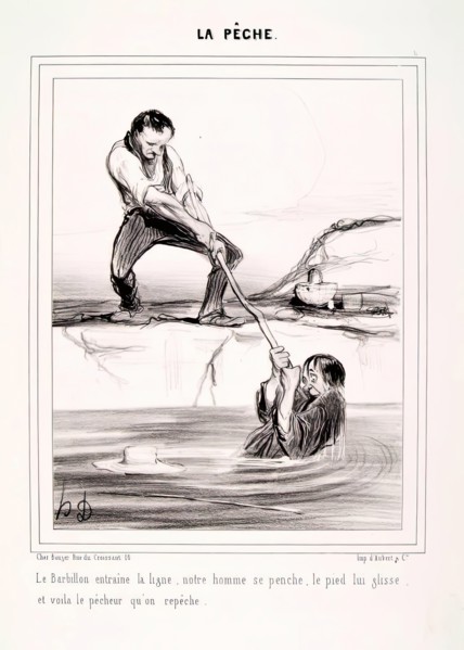 La Pêche. Le Barbillon entraine la ligne.., 1840. Creator: Honore Daumier.