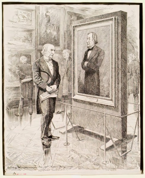 W.E. Gladstone Looking at a Portrait of Disraeli, Lord Beaconsfield, by Sir J.E. Millais, 1881. Creator: Edward Linley Sambourne.
