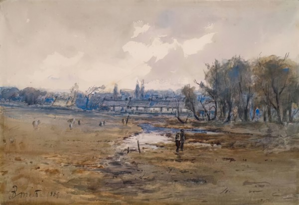 Landscape with Cottages and Figures, 1869. Creator: B Smith.