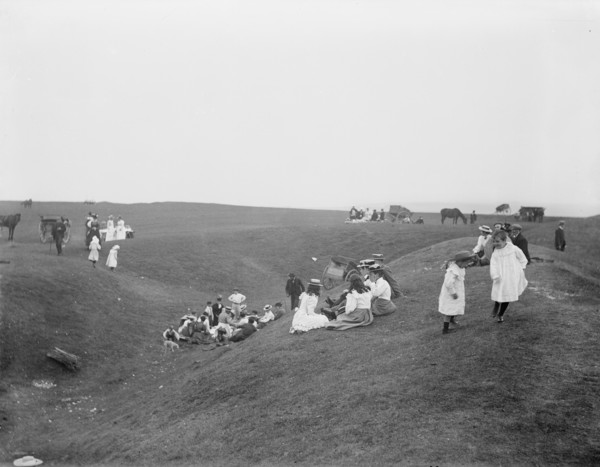 Bank Holiday picnic on the earthwork remains on White Horse Hill, Uffington, Oxfordshire, 1860-1922. Creator: Henry Taunt.