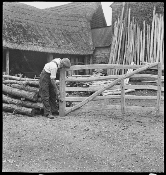 Man making a field gate in the village of Aston, Cote, Shifford and Chimney, Oxfordshire, 1930-50. Creator: George R Long.