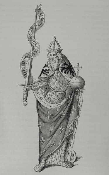 Charlemagne holding the globus cruciger in one hand and the sword in the other, 1878.  Creator: Unknown.