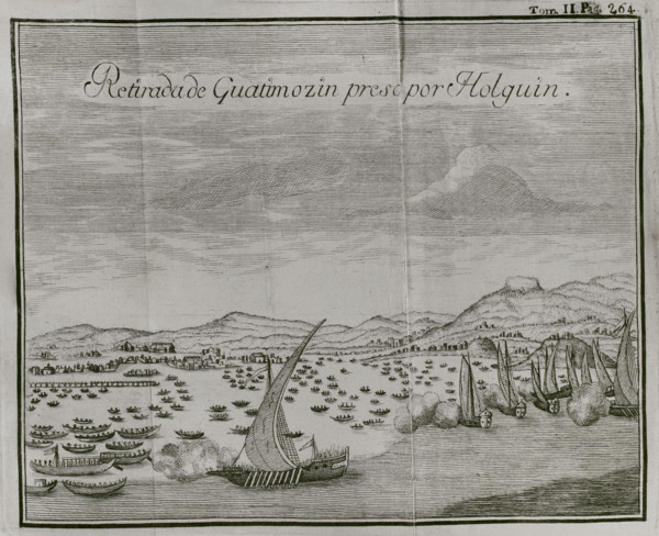 The capture by the Spaniards of Guatimocin, (1496-1525), last emperor of the Aztecs...1521 (1771) Creator: Unknown.