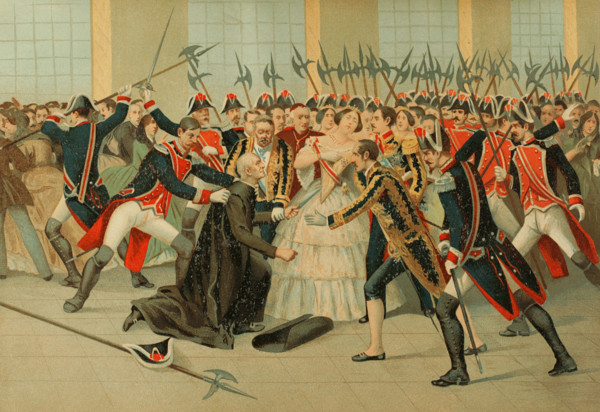 Regicide attempt by the priest Martín Merino Gómez against Queen Isabella II on 2 Feb 1852 (1893). Creator: Unknown.