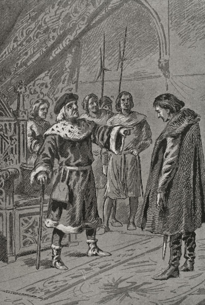 Prince Charles of Viana before his father, King John II of Aragon, in Lérida (Lleida), 1460 (1890).  Creator: Unknown.