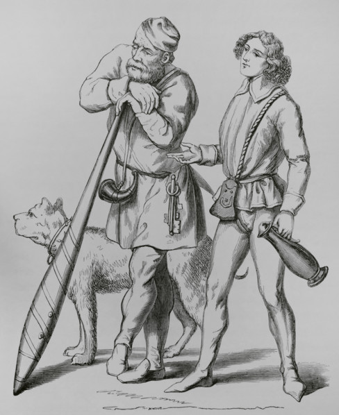 English gatekeeper, his dog, (1480), and a cupbearer, (1475), 15th century (1878).  Creator: Unknown.