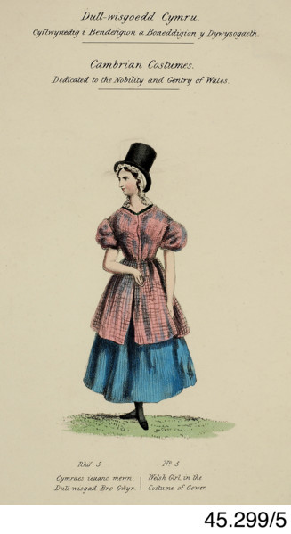Cambrian Costumes series No. 5, 19th century.  Creator: Lady Llanover.