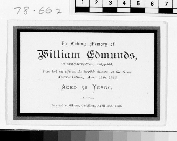 Great Western Colliery, memorial card, 1893. Creator: Unknown.