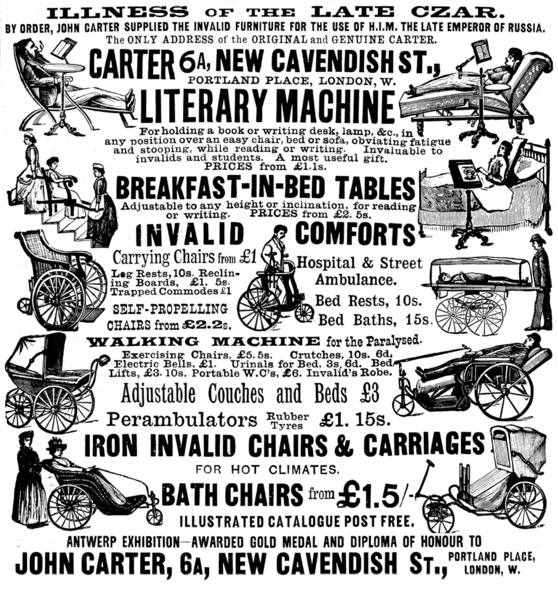 Advertisement for John Carter's invalid furniture, 1895. Creator: Unknown.