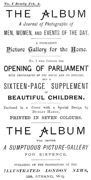 Advertisement for The Album - A Journal of Photographs of Men, Women, and Events of the Day, 1895. Creator: Unknown.