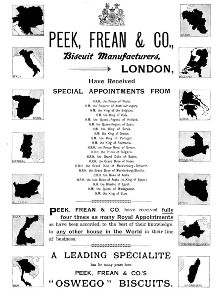 Advertisement for Peek, Frean & Co., biscuit manufacturers, 1895. Creator: Unknown.