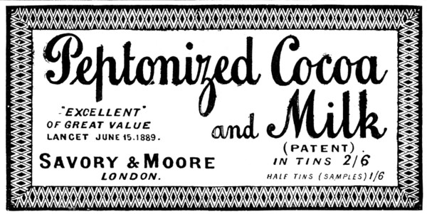 Advertisement for Peptonized Cocoa and Milk, 1895. Creator: Unknown.