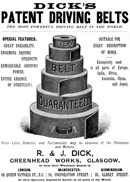Advertisement for Dick's Patent Driving Belts, 1895. Creator: Unknown.
