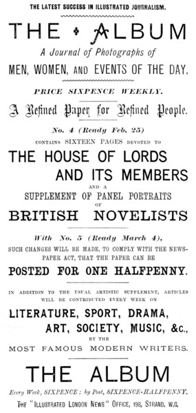 Advertisement for The Album - A Journal of Photographs of Men, Women, and Events of the Day, 1895. Creator: Unknown.