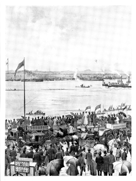 The Universities' Boat-Race: the finish at Mortlake, 1895. Creator: Unknown.
