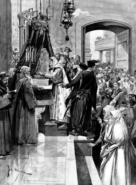 Holy Thursday at the Holy Sepulchre: kissing the column at which Christ was flagellated, 1895. Creator: P Naumann.