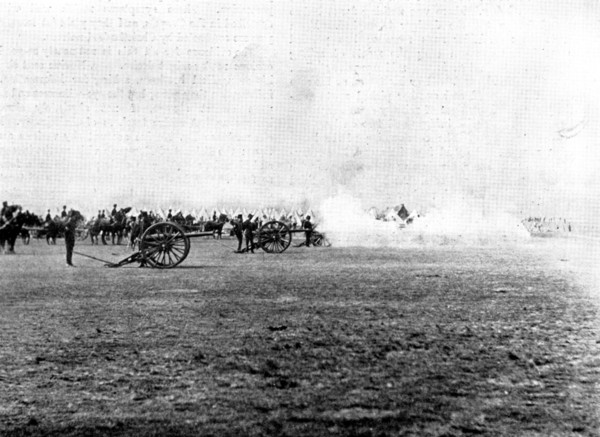 The Shahzada's Visit: the Shahzada at Aldershot - firing a royal salute after the Review, 1895. Creator: Henry R. Gibbs.