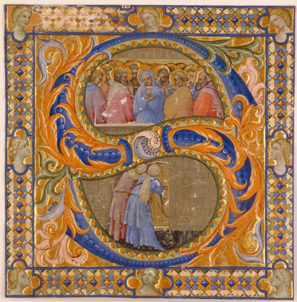 Choral Leaf Fragment: Framed Historiated "S" with Pentecost and Virgin Mary, early 15th century. Creator: Lorenzo Monaco.