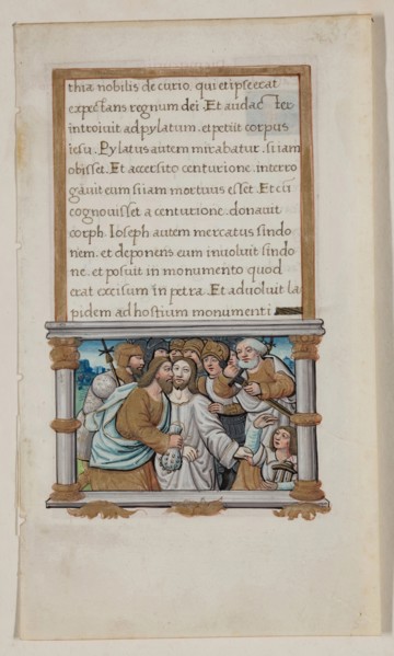 Leaf with Framed Text with Framed Miniature of the Betrayal, early 16th century. Creator: School of Jean Colombe.