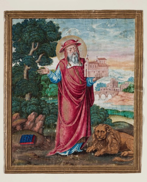 Leaf Fragment with Framed Miniature with Saint Jerome Holding Model Church, 16th century. Creator: Unknown.