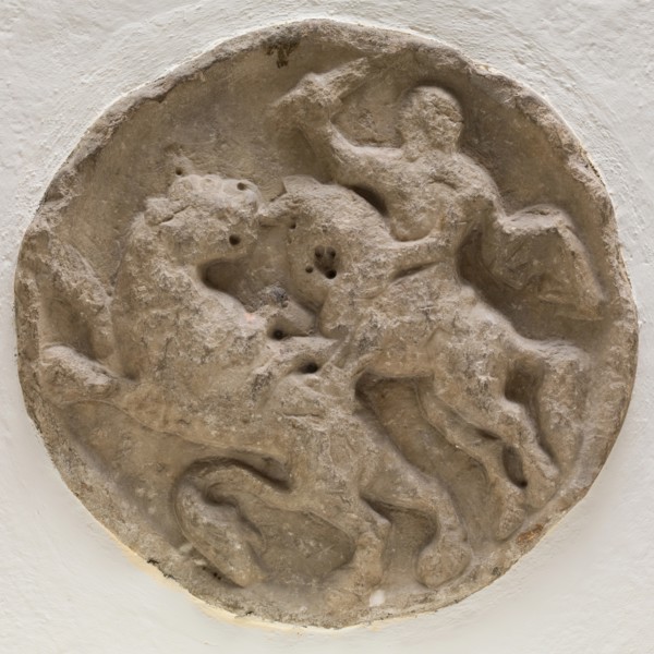 Roundel with Horsemen in Combat with a Feline Animal, between 12th and 13th century. Creator: Unknown.