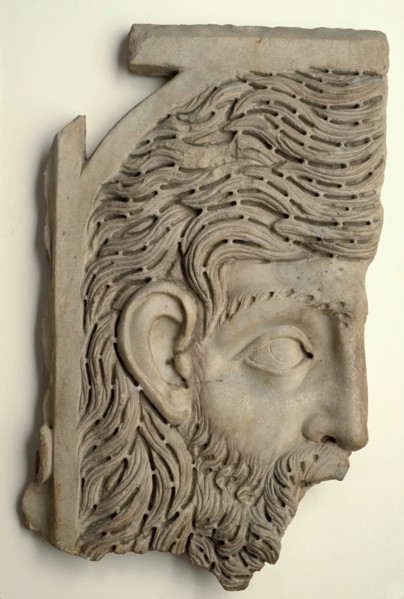 Sarcophagus Lid Fragment, Head of Bearded Man, mid-3rd century. Creator: Unknown.