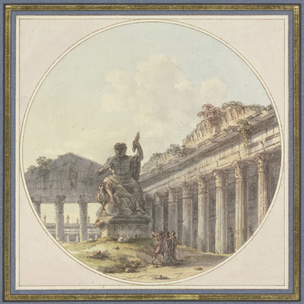 Architectural capriccio: Interior of a temple ruin with a statue of Jupiter Tonans and figures. Creator: Victor Jean Nicolle.