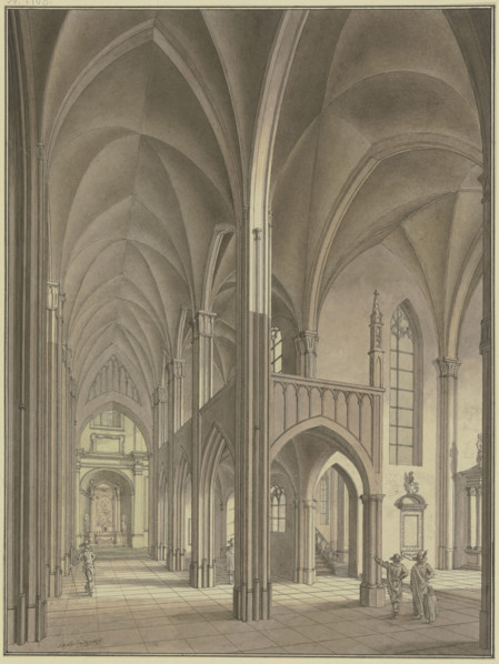 View of a Gothic church with figures in 17th-century costumes, 1776. Creator: Johann Vogelin.