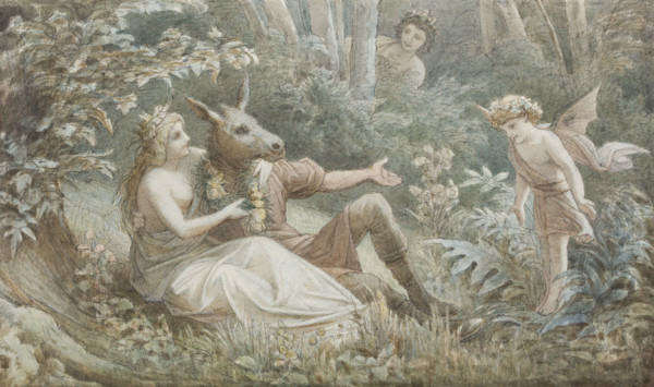 The fairy queen Titania crowns the donkey-headed Nick Bottom sitting next to her, c1883. Creator: Leopold Bode.