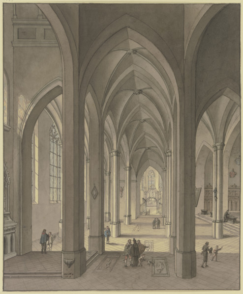 View into the chancel of a three-aisled Gothic hall church with figures in 17th-century costume,1819 Creator: Johann Ludwig Ernst Morgenstern.
