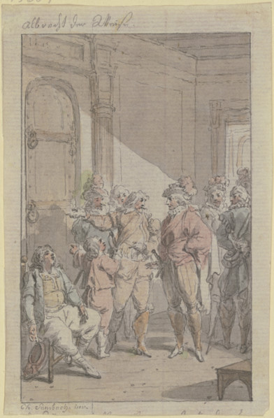 A prince with his retinue at a locked door, next to which sits an exhausted man. Creator: Christian Sambach.